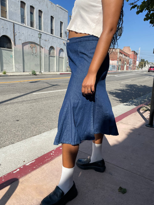 girl wearing denim skirt