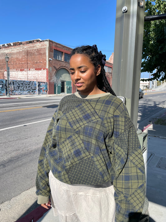 Forest Green Plaid Patchwork Crewneck (M-L)