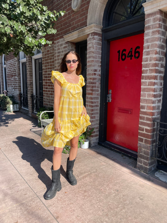 Yellow Plaid Flutter Sleeve Smocked Dress (S)