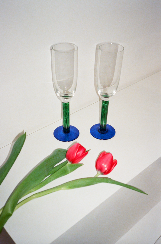 Glass Champagne Flutes with Green & Blue Stem (Set of 2)