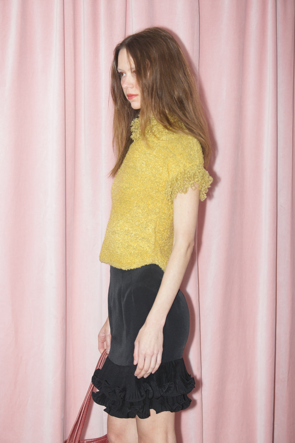 Mustard Ruffle Neck Knit Top (S)