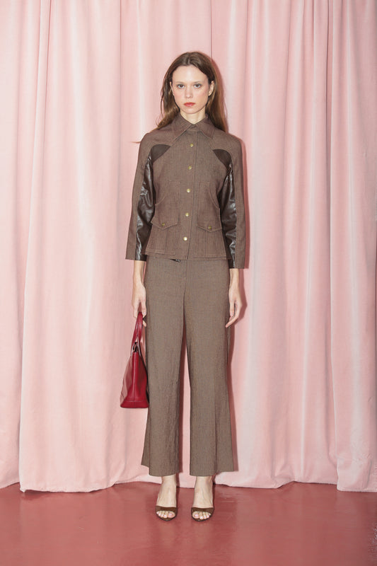 Brown Herringbone Tweed Faux Leather Combo Blazer (S)