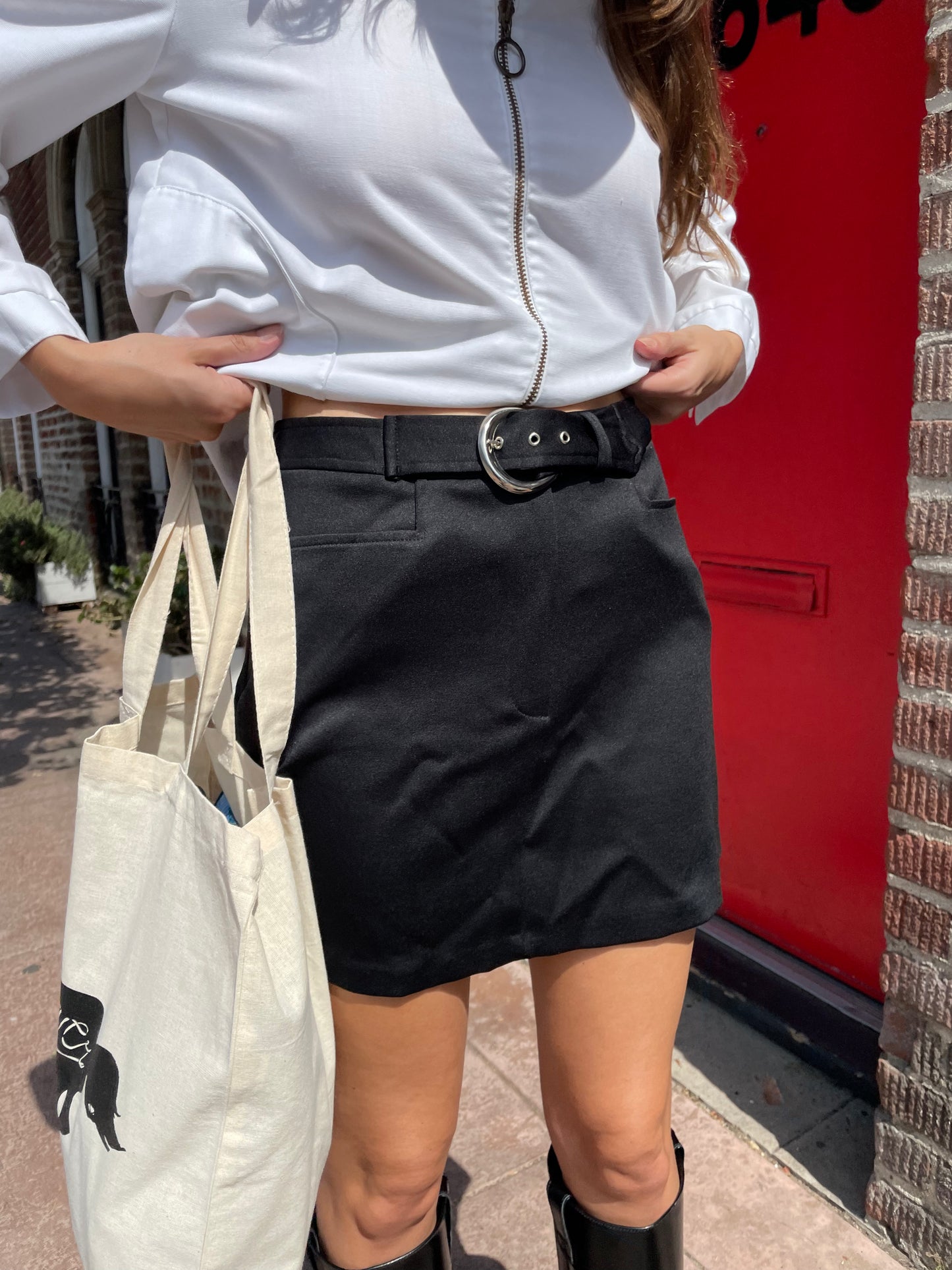 90s Black Silver Buckle Skirt (S)