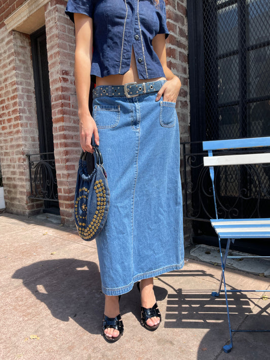 girl in denim top and skirt