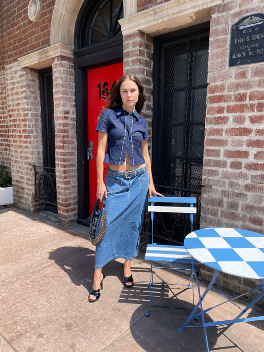 girl in denim top and skirt