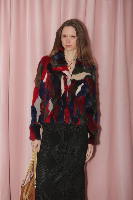 girl in multicolor fur jacket