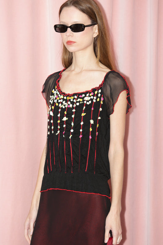 Black Sheer Floral Blouse (S)
