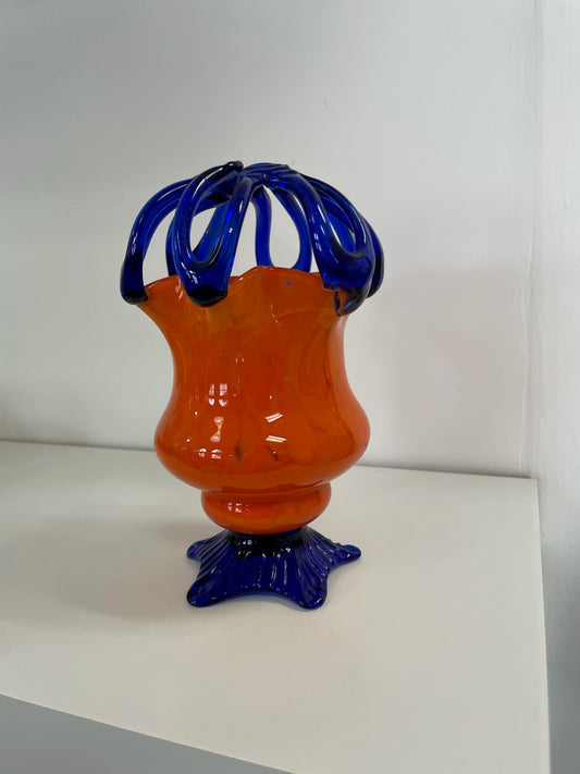 one vintage glass orange and blue vase