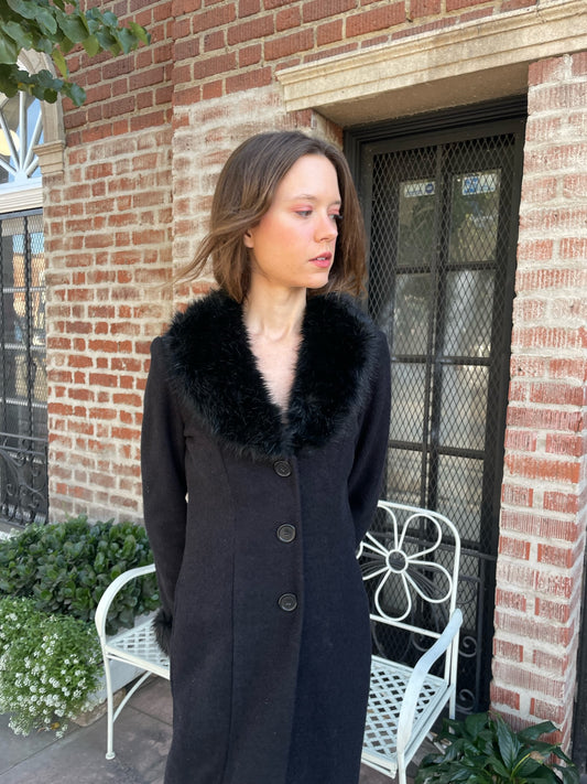 girl wearing a black fur collar coat